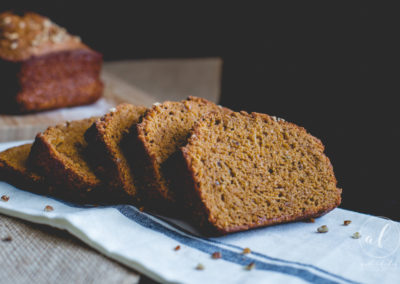 Sliced pumpkin spice bread with pecan nuts